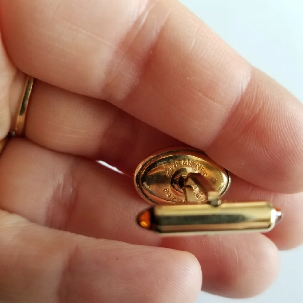 Vintage Krementz cuff links mens gold tone engraved monogram BFB orange
